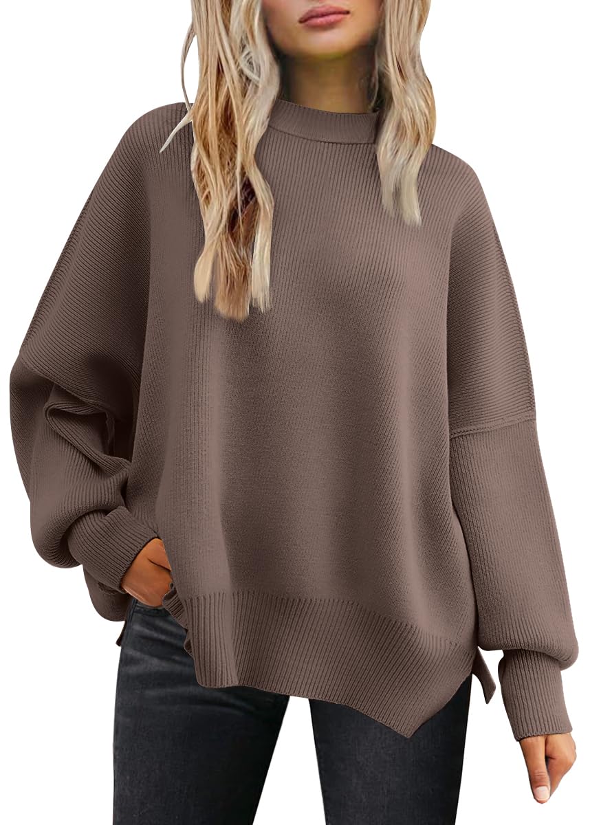 LILLUSORY Oversized Sweaters for Women 2025 Fall Fashion Outfits Trendy Crewneck Knit Cute Lightweight Sweater Pullover Tops Long Sleeve Shirts Winter Clothes Nutmeg L