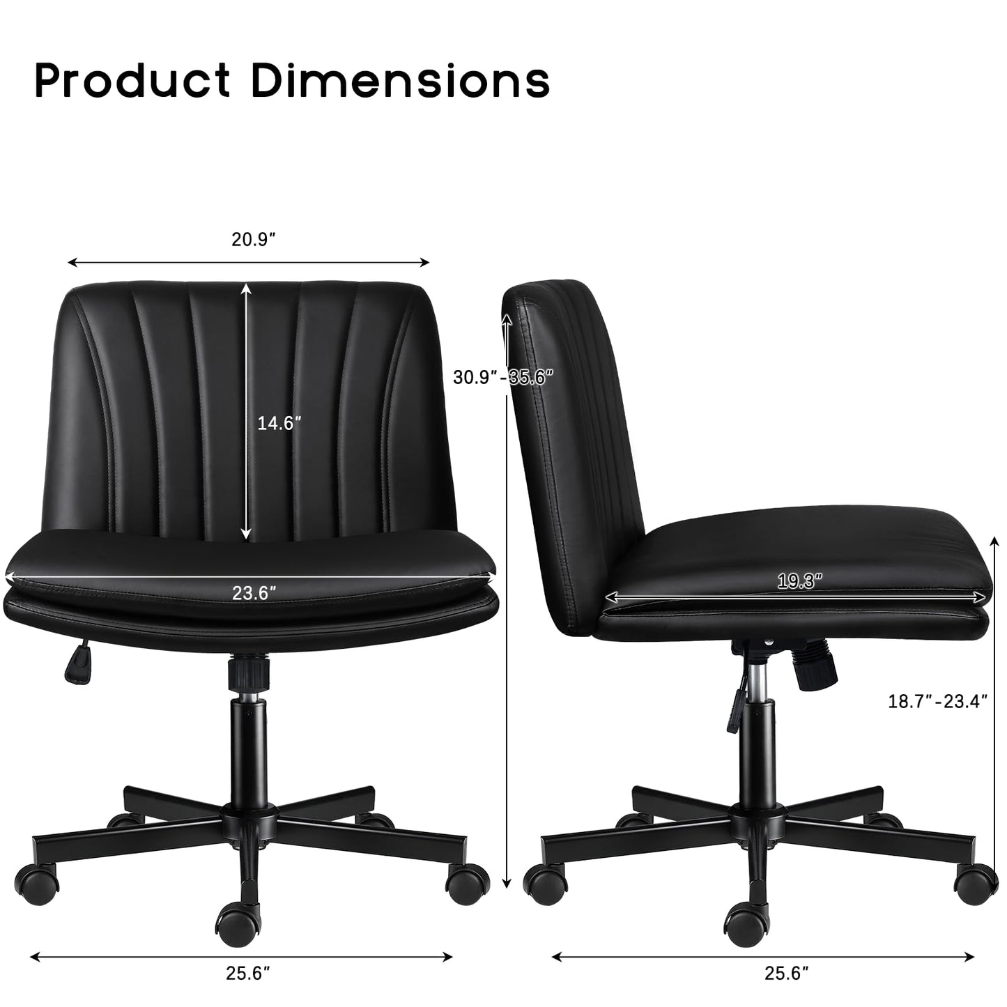 PUKAMI Criss Cross Chair with Wheels,PU Leather Armless Cross Legged Office Vanity Desk Chair for Home Office,Modern Swivel Height Adjustable Wide Seat(Black)