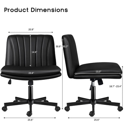 PUKAMI Criss Cross Chair with Wheels,PU Leather Armless Cross Legged Office Vanity Desk Chair for Home Office,Modern Swivel Height Adjustable Wide Seat(Black)