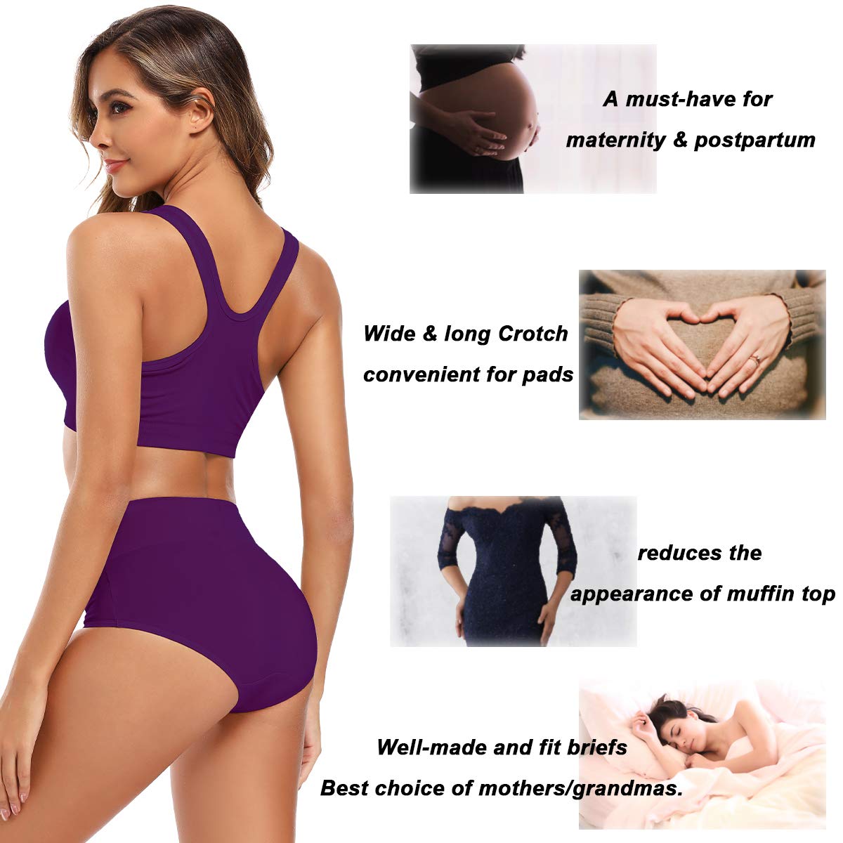 Molasus Women's Soft Cotton Underwear Briefs High Waisted Postpartum Panties Ladies Full Coverage Plus Size Underpants Pack of 5,Small