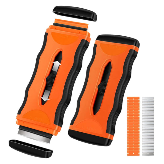 DEKEones Razor Blade Scraper, 2 Pack 2-in-1 Retractable Double-ended Razor Scraper Tool with 20PCS Plastic and Metal Razor Blades, Multi-Purpose Scraping Tool for Cleanning Cooktop, Oven (Orange）