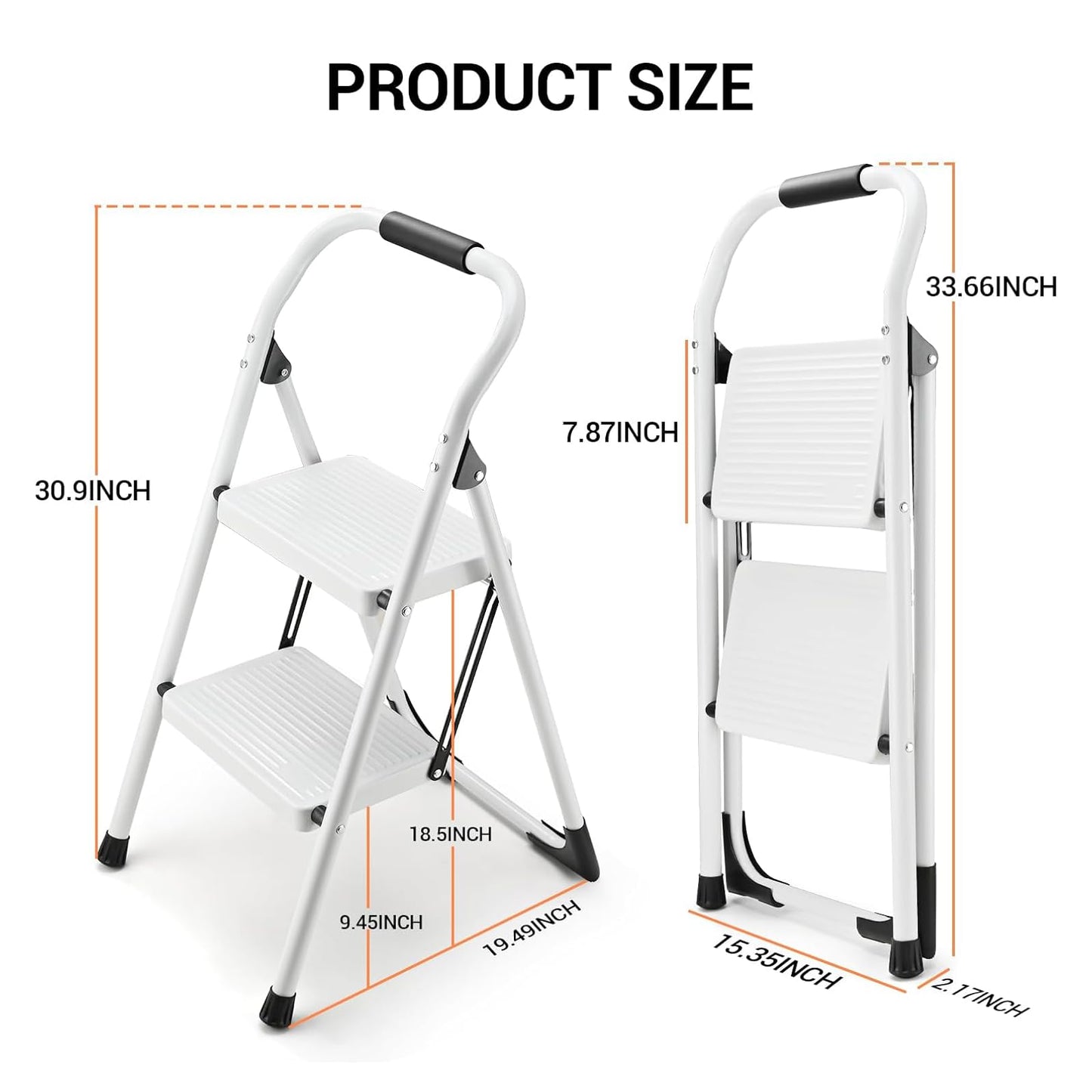Step Stool for Adults,2 Step Ladder Folding 330lbs Anti Slip Step Stool,Foldable Ergonomic 2 Steel Stool with Wide Pedal for Home, Kitchen, Office (White)