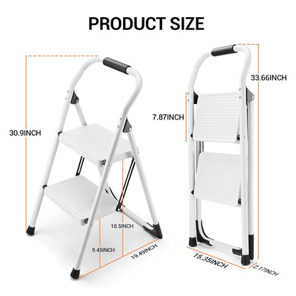 Step Stool for Adults,2 Step Ladder Folding 330lbs Anti Slip Step Stool,Foldable Ergonomic 2 Steel Stool with Wide Pedal for Home, Kitchen, Office (White)