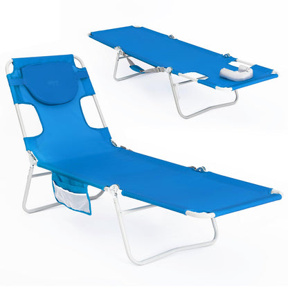 #WEJOY Folding Tanning Chair with Face Hole, 5 Positions Face Down Beach Lounge Chairs with Pillow for Outside Sunbathing Poolside (Blue)