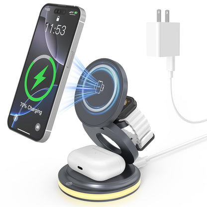 ZealSound 3-in-1 Foldable Magnetic Wireless Charger Stand – 15W Fast Charge with Night Light & Includes 30W Adapter, Portable Charging Pad for iPhone, Apple Watch & AirPods 2/3, Home, Office, Travel