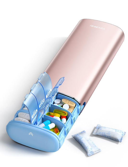 Vaydeer Metal 7 Day Pill Organizer 2 Times a Day – AM PM Weekly Travel Pill Case with Moisture-Proof Desiccant, Airtight Large Capacity Pill Box for Vitamins, Medications & Supplements (Rose Gold)