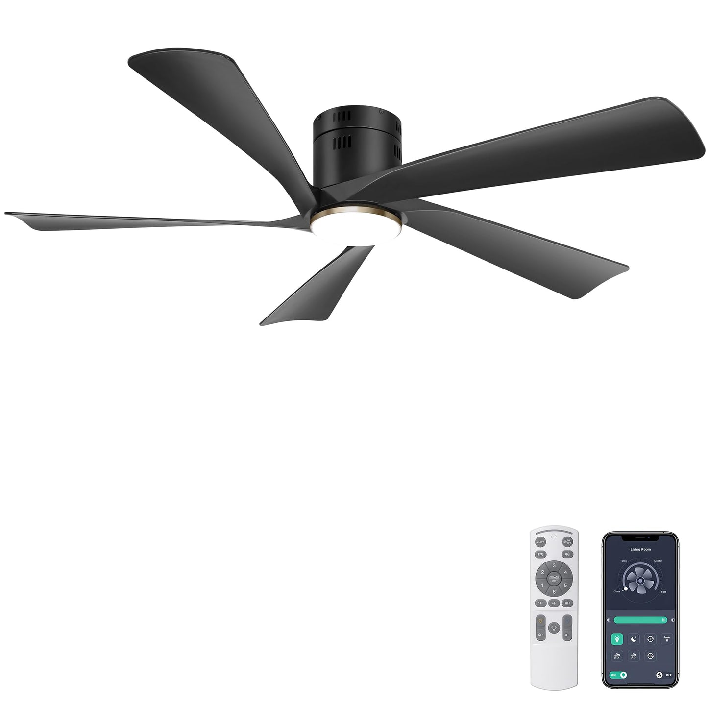 Ohniyou 52” Low Profile Ceiling Fan with Lights, Remote & APP Control Modern Flush Mount Indoor Outdoor Ceiling Fans, Dimmable, Silent DC Motor, Reversible, Black
