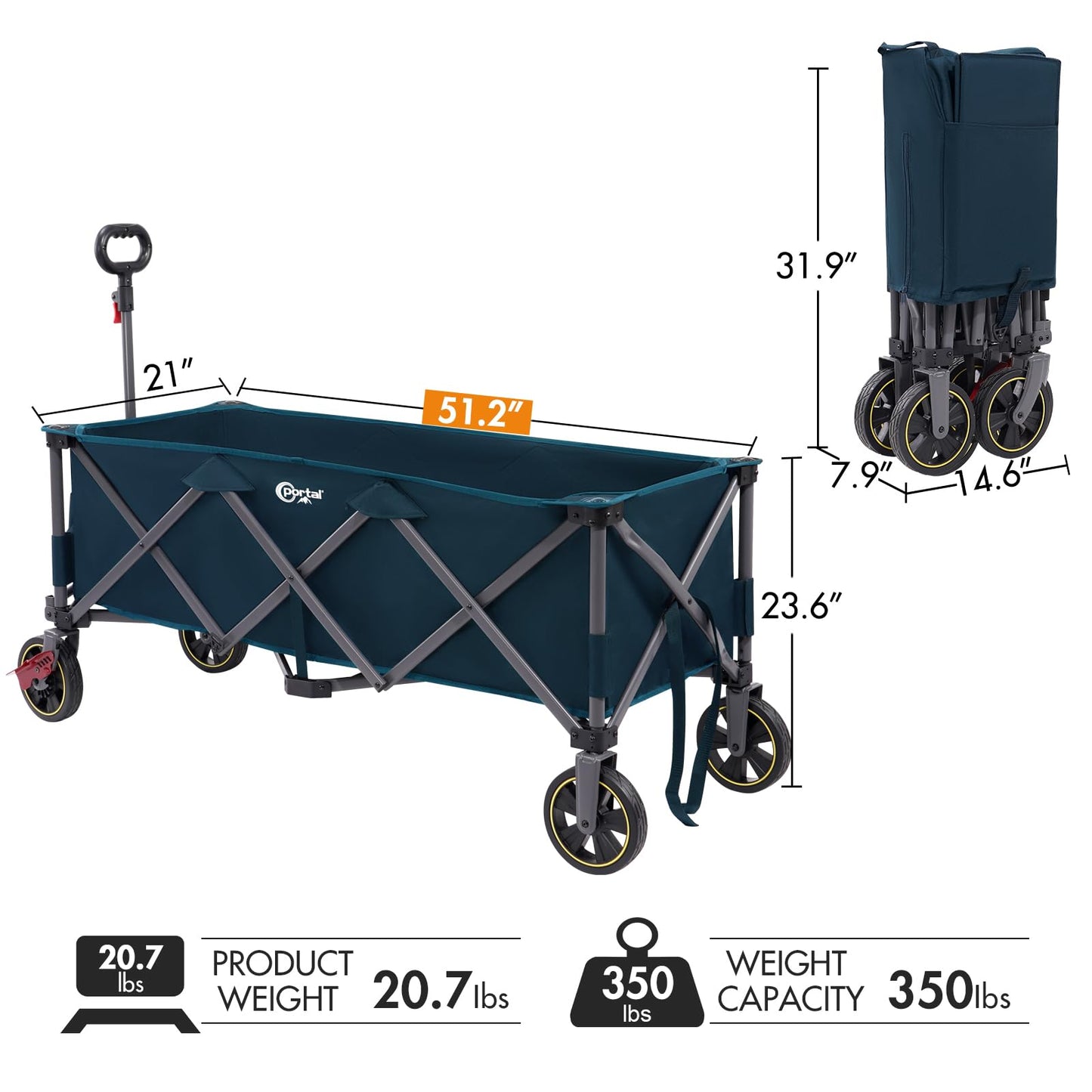PORTAL 51.2" Long Wagons Carts Foldable, 400L Large Collapsible Wagon with Wheels, 350 LBs Folding Wagon for Sports, Camping, Grocery
