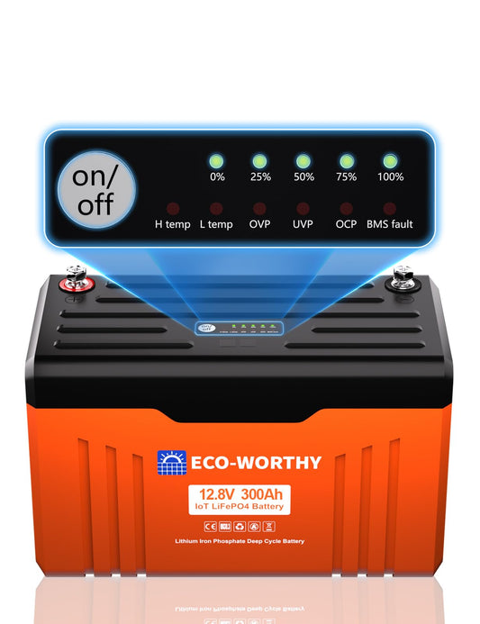 ECO-WORTHY 12V 300AH LiFePO4 Lithium Battery Bluetooth with SOC LEDs, Low Temp Protection, 3840WH, 200A BMS Up to 15000 Deep Cycle for Off-Grid, RV, Solar Power System, HomeBackup