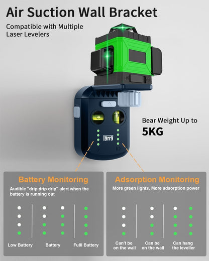 Tyrry 4-in-1 Laser Level Tool with Line Laser, Drill Dust Collector, Wall Bracket, Electronic Vacuum Suction Cup, 1800 mAh Battery, Leveler Tool Perfect for Picture Hanging, Painting, Home Renovations