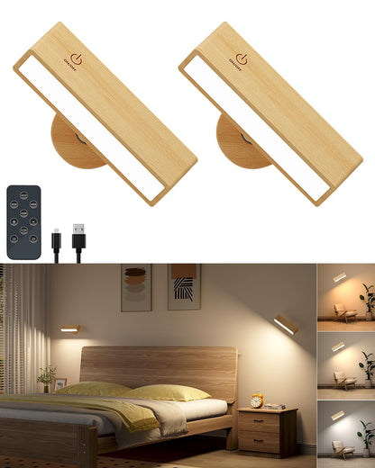 DetarZinLED Wooden Wall Sconce Battery Operated with Remote,Rechargeable Wall Lights for Bedroom with 3 Color Temperature, Magnetic, Stick-On, Dimmable Wall Reading Lights (Beech Wood, 2Pack-Remote)