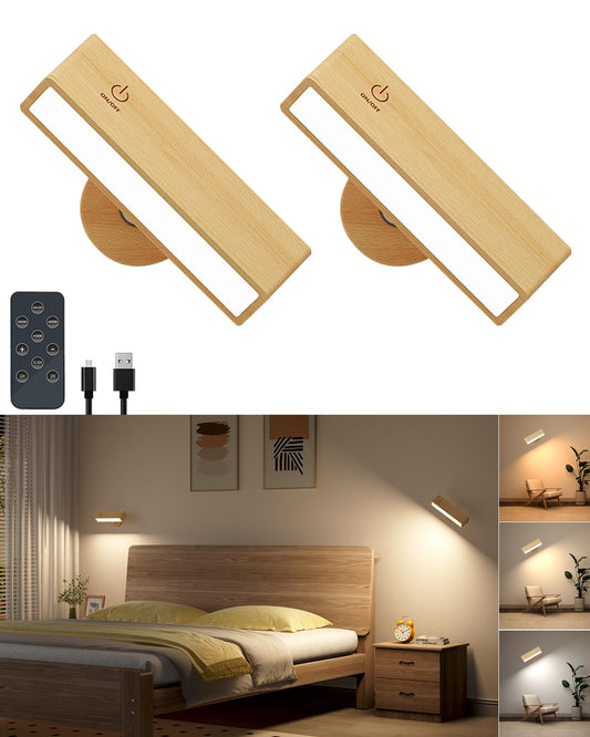 DetarZinLED Wooden Wall Sconce Battery Operated with Remote,Rechargeable Wall Lights for Bedroom with 3 Color Temperature, Magnetic, Stick-On, Dimmable Wall Reading Lights (Beech Wood, 2Pack-Remote)