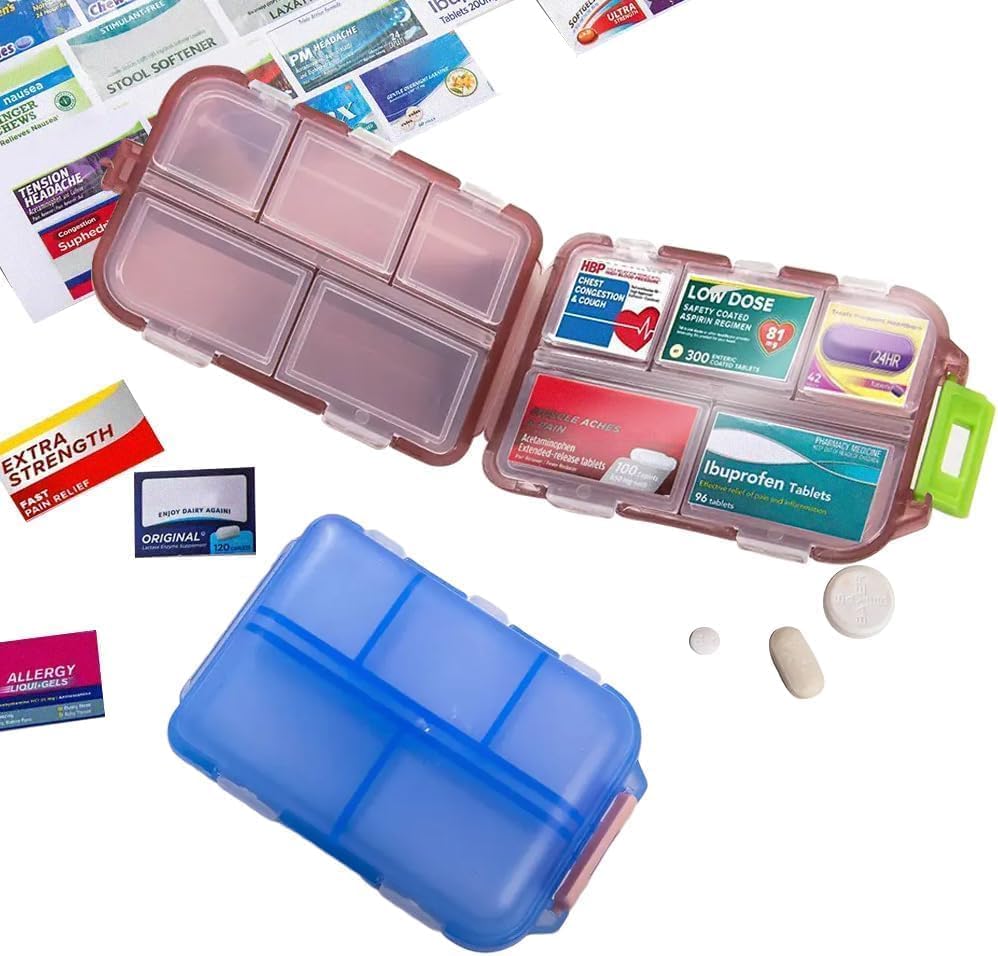 Pill Organizer with Medicine Labels Travel Daily Pill Container Mini Medication Organizer Storage Pill Organizer Travel Essentials Pill Case 7 Day (Purple& 161 Lables)