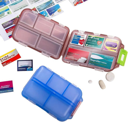 Pill Organizer with Medicine Labels Travel Daily Pill Container Mini Medication Organizer Storage Pill Organizer Travel Essentials Pill Case 7 Day (Purple& 161 Lables)