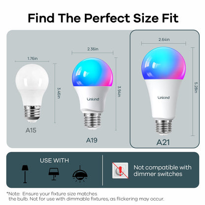 Linkind Smart Light Bulbs, 1600LM (100W Equivalent) Smart Bulb, Work with Alexa & Google Home, RGBTW Color Changing Bulb Music Sync, 2.4GHz Wi-Fi & Bluetooth, LED Alexa Light Bulbs 14W, A21 E26, 4Pack