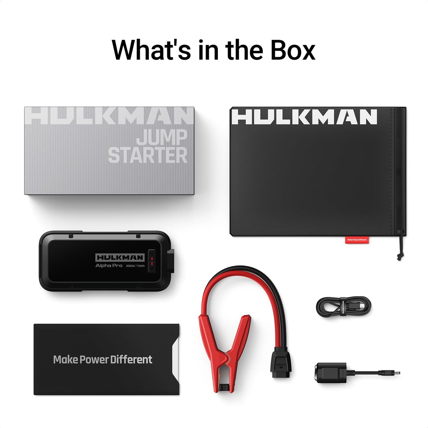 Hulkman Alpha Pro Solid Black, 2000A 74Wh Car Jump Starter Portable, High-Capacity Battery Booster & Jumper Cables, 3.3" Display Jump Box, PD65W in&Out, 12V Battery Pack for 8.5L Gas/6.0L Diesel