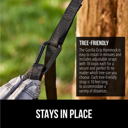 GORILLA GRIP Durable Camping Hammock with Heavy Duty Tree Straps, Portable Hammocks for Outside, Easy to Use Travel Swing Chair, Outdoor Camper Hiker Essentials, Backpacking Gear Gifts, Double, Green