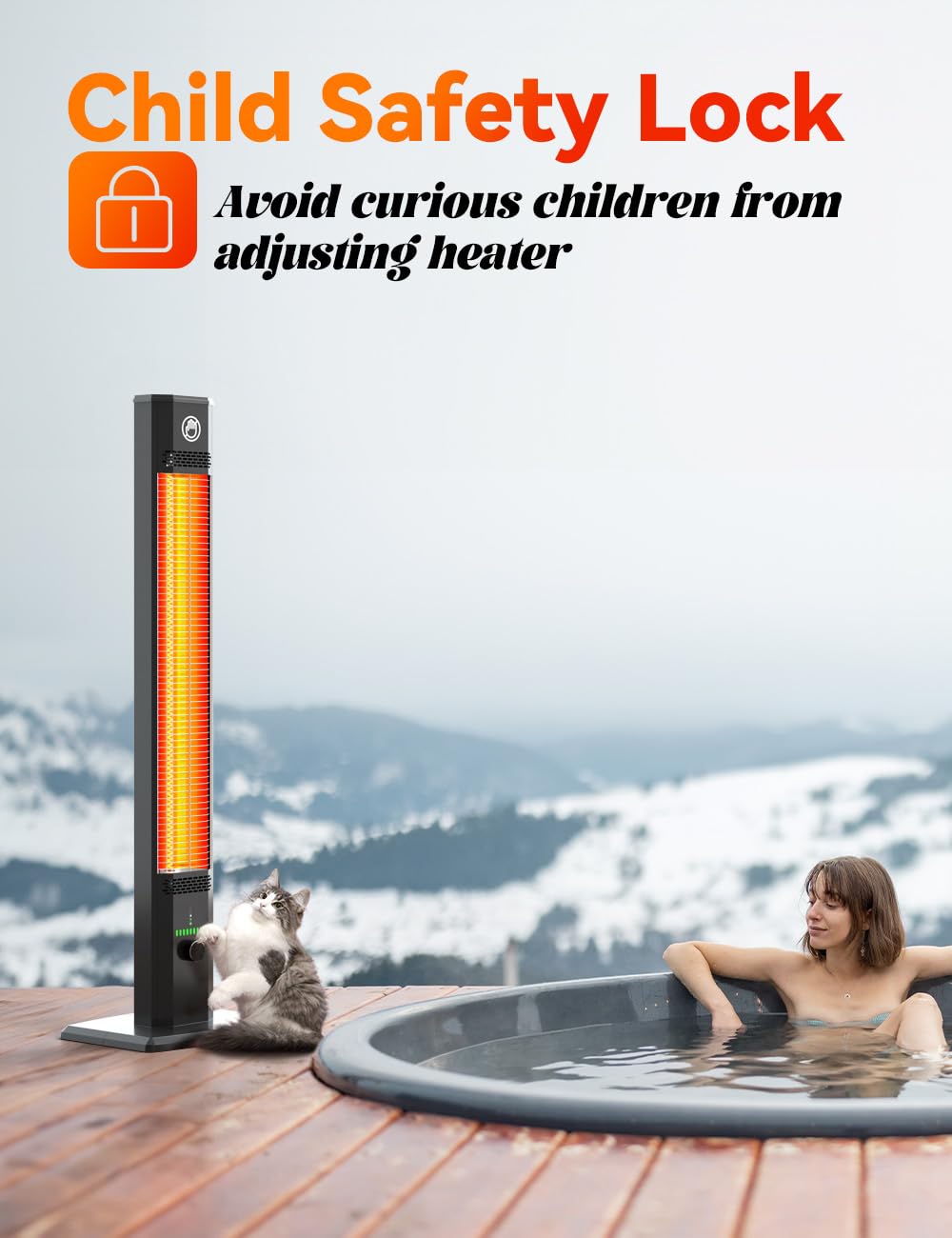 HETRAROOT 42INCH Outdoor Heater, 9Heat Levels & 540Min Timer, Child Safety Lock, IP65 Waterproof Garage Heater, 1500W Infrared Heating,Tip-Over&Overheat Protection,Patio Heaters for Outdoor Use Indoor