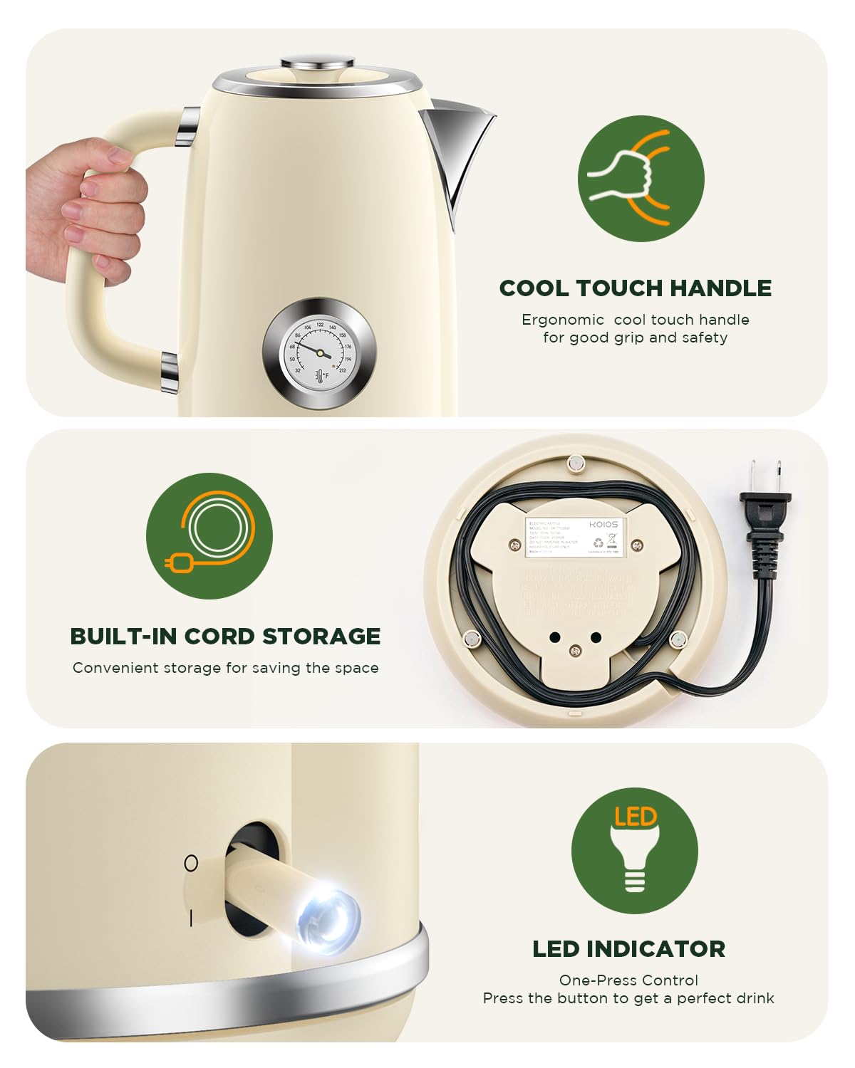Electric Kettle 1.8L with Temperature Gauge, 1500W Fast Boiling Electric Tea Kettle, 100% Stainless Steel Retro-Style Hot Water Kettle Electric - Glowing LED Light, Auto Shut-Off & Boil-Dry Protection