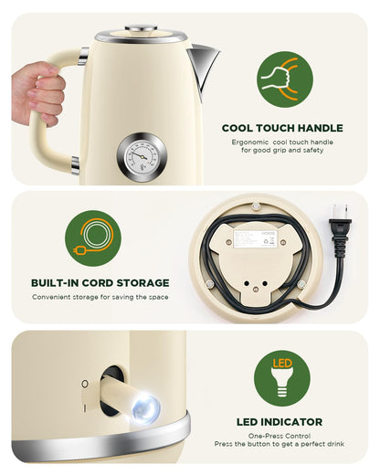 Electric Kettle 1.8L with Temperature Gauge, 1500W Fast Boiling Electric Tea Kettle, 100% Stainless Steel Retro-Style Hot Water Kettle Electric - Glowing LED Light, Auto Shut-Off & Boil-Dry Protection