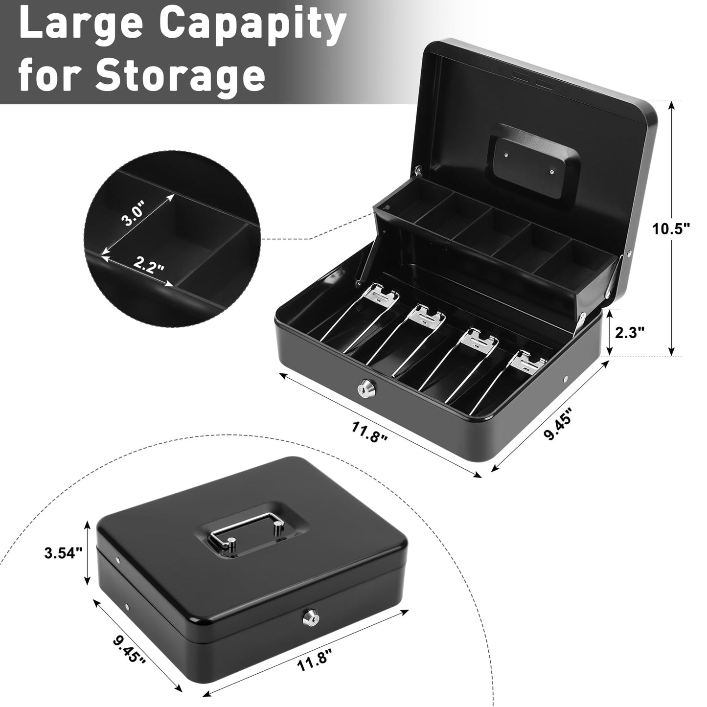 KYODOLED Locking Cash Box with Lock,Money Box with Cash Tray,Lock Safe Box with Key,Money Saving Organizer,11.81Lx 9.45Wx 3.54H Inches,Black XL Large