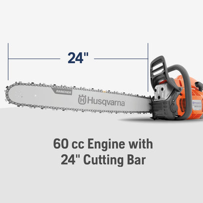 Husqvarna 460 Rancher Gas Powered Chainsaw, 60.3-cc 3.6-HP, 2-Cycle X-Torq Engine, 24 Inch Chainsaw with Automatic Adjustable Oil Pump, For Wood Cutting, Tree Trimming and Land Clearing