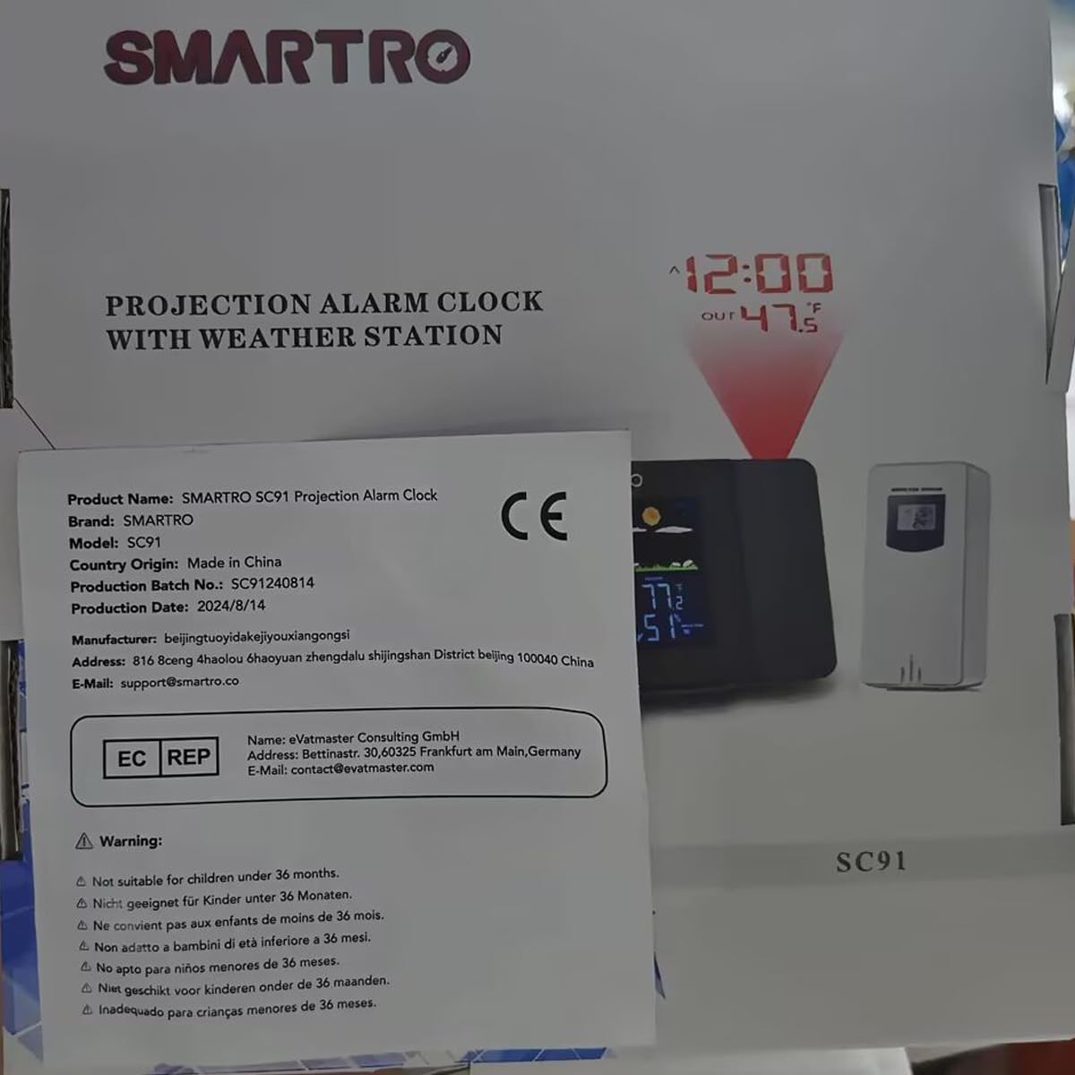 SMARTRO SC91 Projection Alarm Clock for Bedrooms with Weather Station, Wireless Indoor Outdoor Thermometer, Temperature Humidity Monitor Gauge Hygrometer