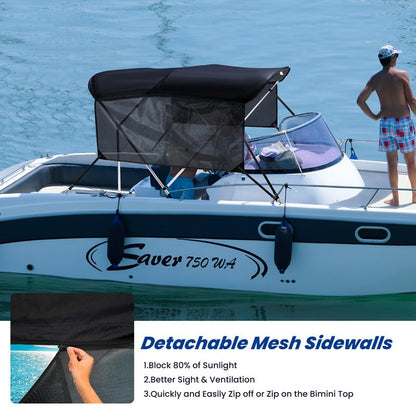 KAKIT 3 4 Bow Bimini Tops with Mesh Sidewalls Support Poles for Boats Marine Grade Canvas Top Includes 2 Straps Storage Boot 1 Inch Aluminum Frame