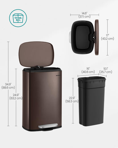 SONGMICS 13 Gallon (50 L) Trash Can, Stainless Steel Kitchen Garbage Can, Recycling or Waste Bin, Soft Close, Step-On Pedal, Removable Inner Bucket, Brown ULTB50BR