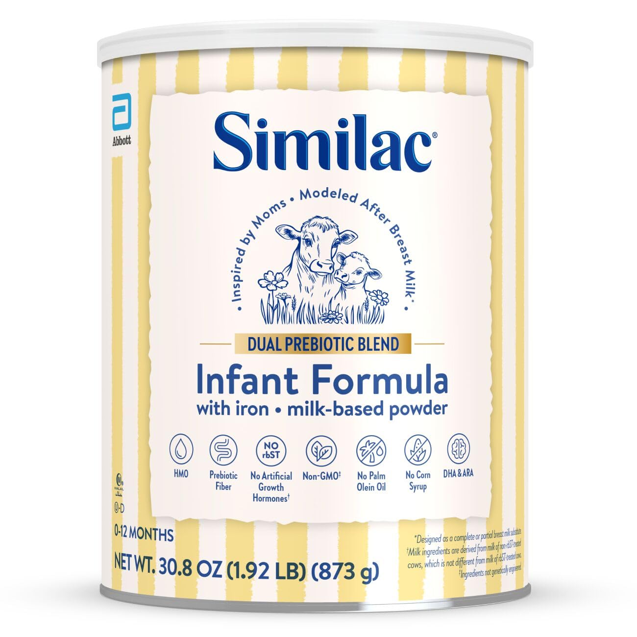 Similac Dual Prebiotic Blend, Baby Formula with Iron, Milk-Based Powder, 0-12 Months, 30.8-oz Can