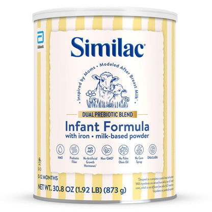 Similac Dual Prebiotic Blend, Baby Formula with Iron, Milk-Based Powder, 0-12 Months, 30.8-oz Can