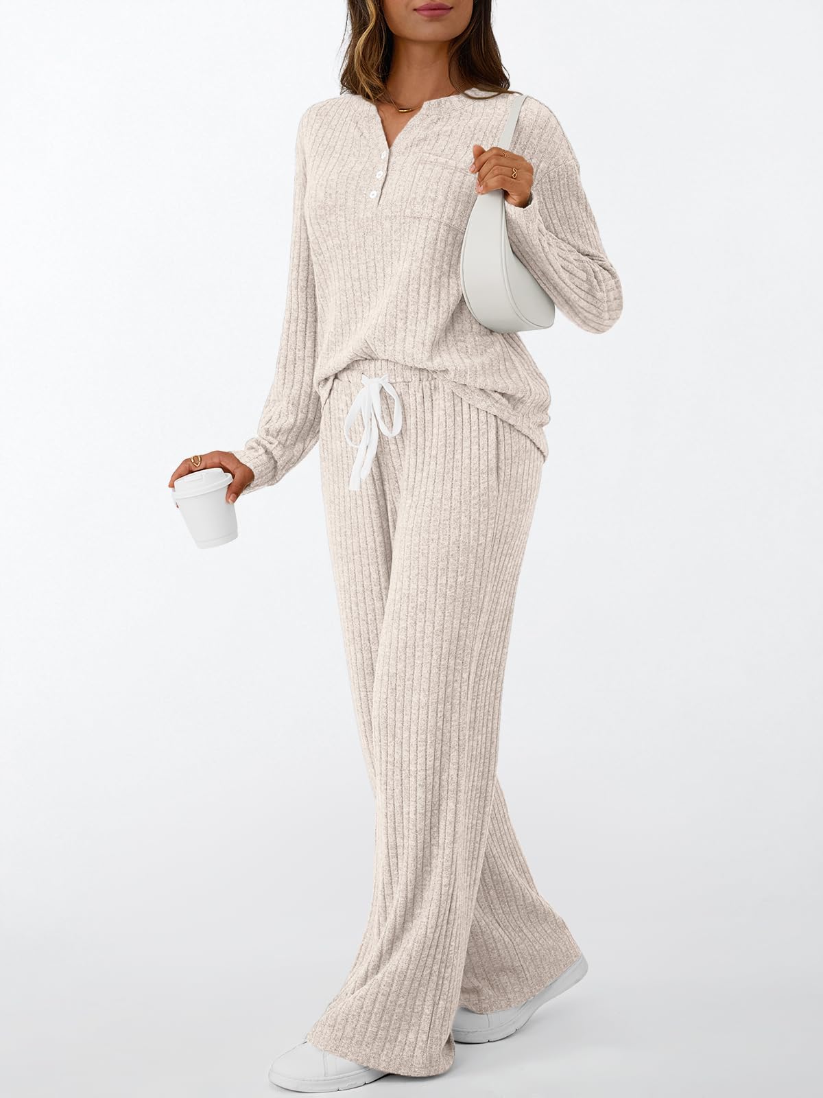 LILLUSORY Womens 2 Piece Lounge Sets Matching Airport Travel Outfits 2026 Spring Clothing Fall Pajamas Sweat Suits Pockets Apricot M