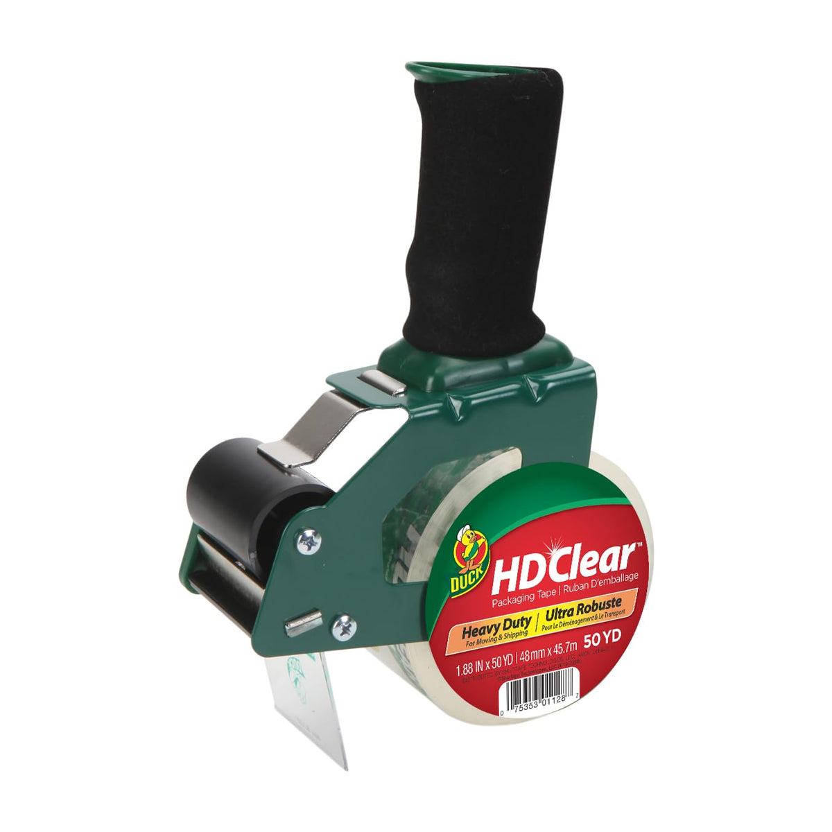Duck HD Clear Packing Tape Dispenser – Tape Gun with 1 Roll of Heavy Duty Shipping and Moving Tape - Clear Strong Packaging Tape for Boxes, Packing and Moving Supplies - 1.88 In. x 50 Yards