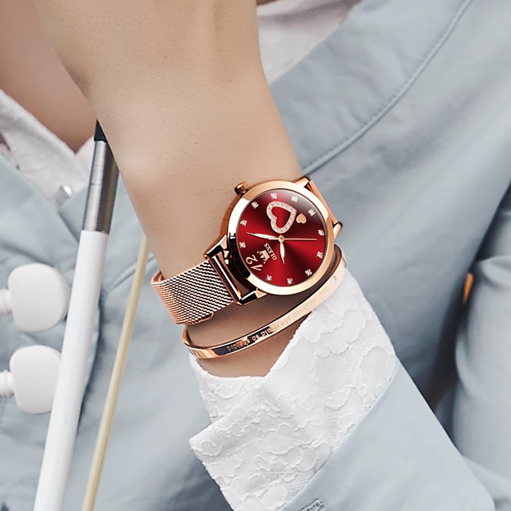 OLEVS Rose Gold Watch for Women Mesh Strap Fashion Dress Hearts Japanese Quartz Waterproof Luminous Ladies Watches Bracelet Sets Red