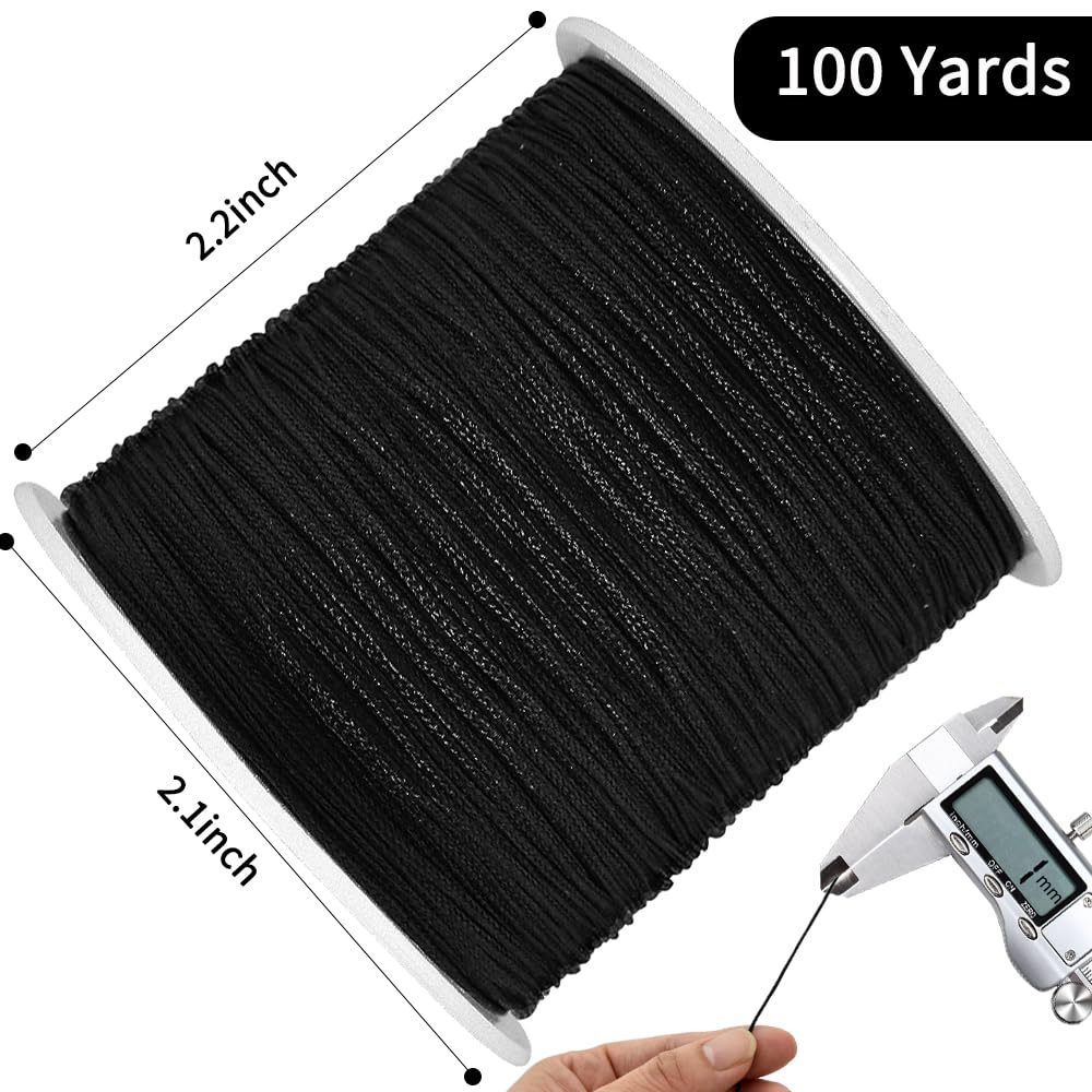TONIFUL 1mm x 100 Yards Black Nylon Cord Satin String for Bracelet Jewelry Making Rattail Macrame Trim Cord Necklace Bulk Beading Thread Kumihimo Chinese Knot Craft
