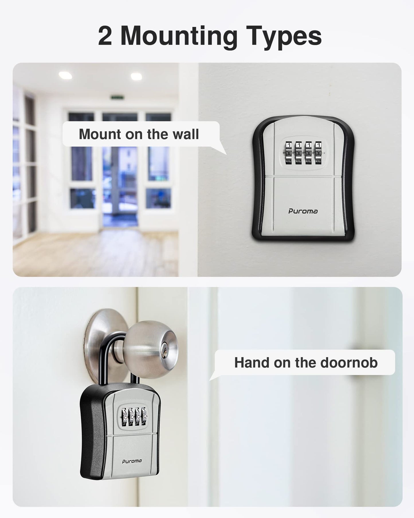 Puroma Key Lock Box, Portable Combination Lockbox Wall-Mounted Key Storage Box for House Keys, Resettable Code Safe Security Lock Box for Home, Office, Apartment Spare Key Storage (1 Pack, Gray)