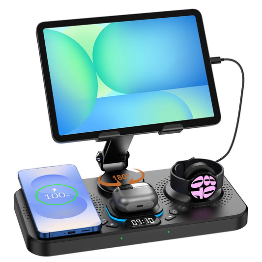 30W Magnetic Wireless Charger for Samsung Foldable Android Mag-Safe Charging Station for Galaxy Tab with Clock &7 Color Light, Watch Charger for S25 Ultra, for Samsung Watch7, Galaxy Buds3 Pro(Black