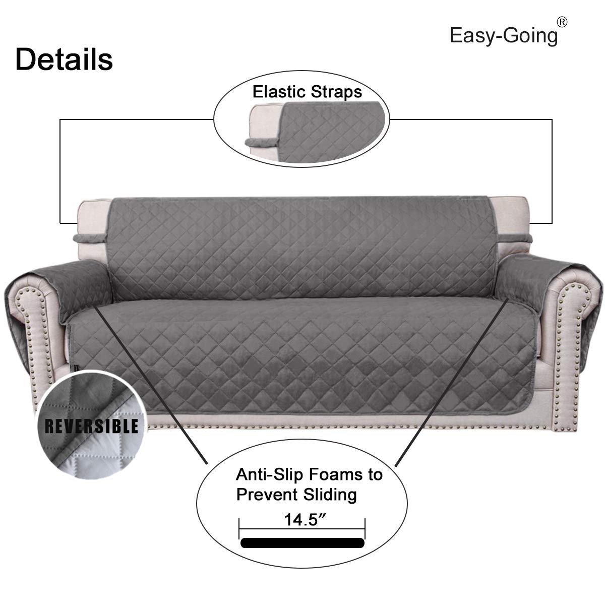 Easy-Going 4 Seater Sofa Slipcover Reversible Sofa Cover Water Resistant Couch Cover with Foam Sticks Elastic Straps Furniture Protector for Pets Children Dog Cat (XX-Large, Gray/LightGray)