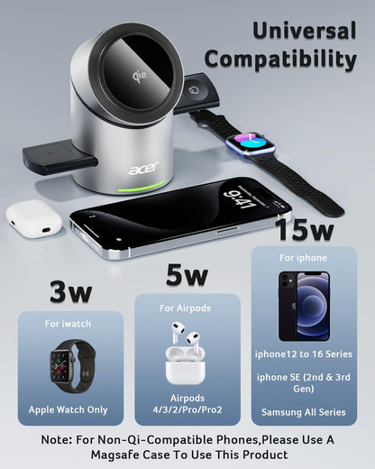 Acer 3 in 1 Charging Station for Apple - Qi2 15W iPhone Wireless Charging Station, Magsafe Charger Stand for iPhone 16 15 14 13 12 - Apple Watch - Airpods Series (Charger & USB-C Included)
