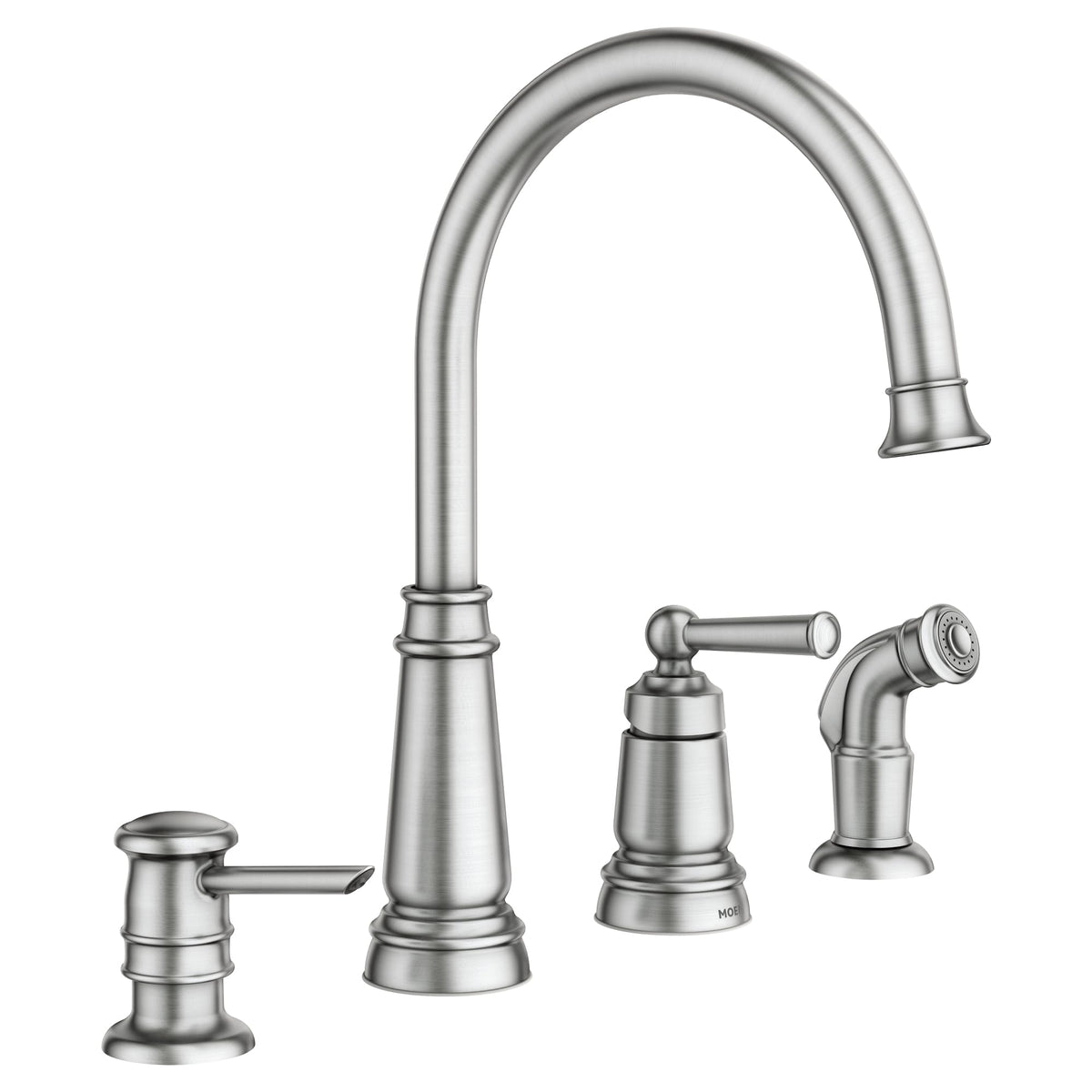 Moen Edison Spot Resist Stainless One-Handle High Arc 4-hole Kitchen Faucet with Side Sprayer and Soap Dispenser, 87042SRS