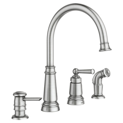 Moen Edison Spot Resist Stainless One-Handle High Arc 4-hole Kitchen Faucet with Side Sprayer and Soap Dispenser, 87042SRS