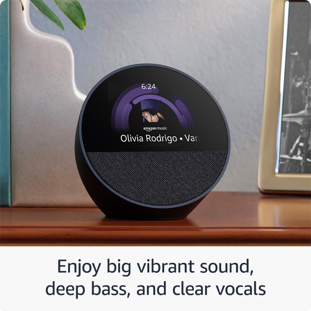 Amazon Echo Spot (newest model), Great for nightstands, offices and kitchens, Smart alarm clock with Alexa, Glacier White