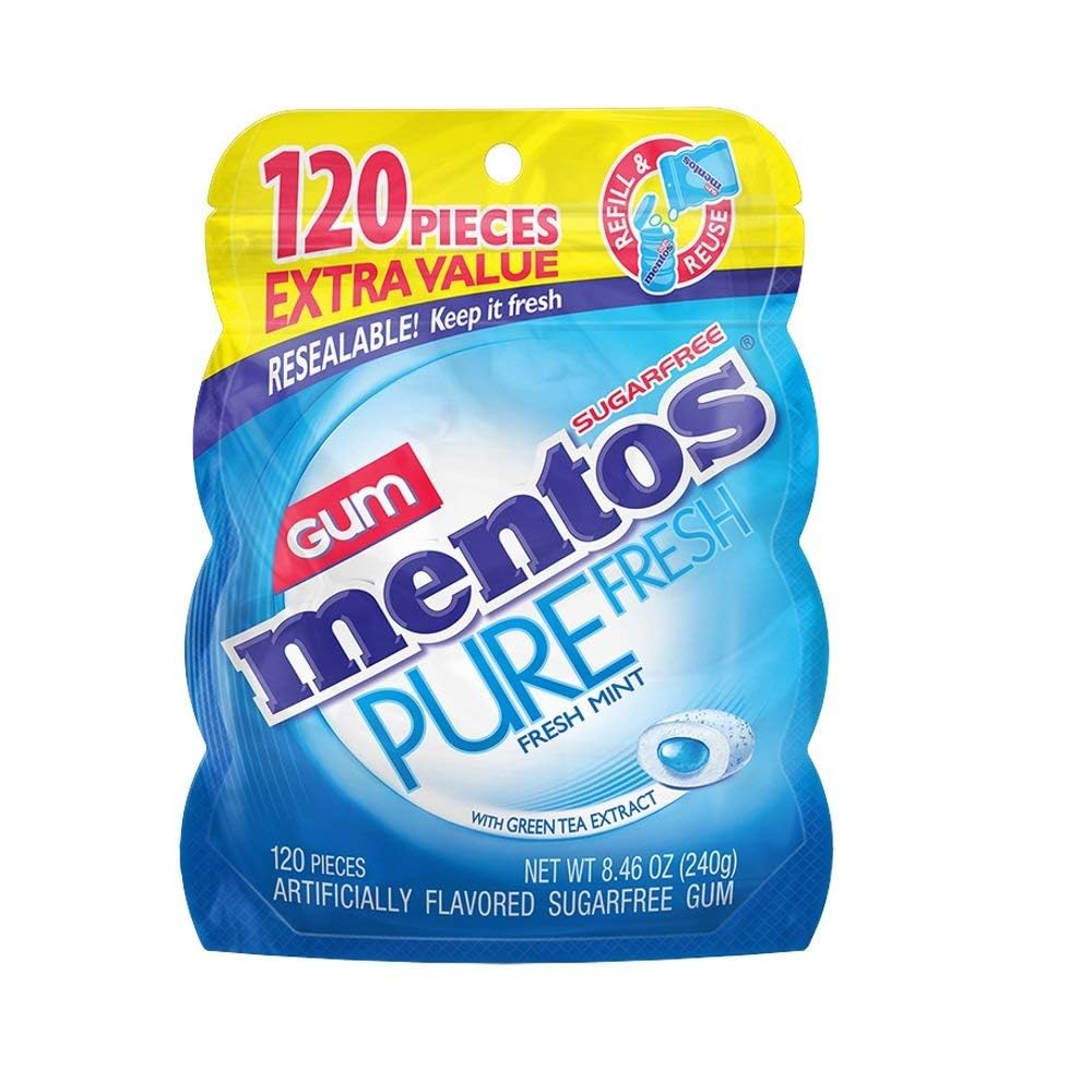 Mentos Pure Fresh Sugar-Free Chewing Gum with Xylitol, Fresh Mint, 120 Piece Bulk Resealable Bag (Pack of 1)