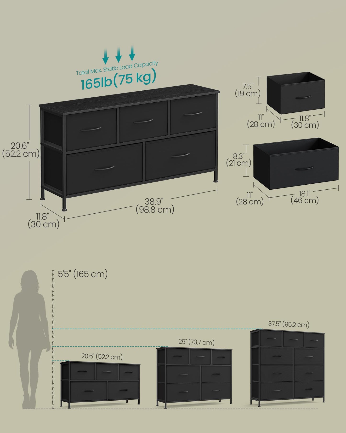 SONGMICS Dresser for Bedroom, Chest of Drawers, TV Stand, Steel, MDF, 5 Non-Woven Fabric Drawers, Storage Organizer Unit, Closet, Entryway, Ink Black and Ebony Black ULGS322B01S