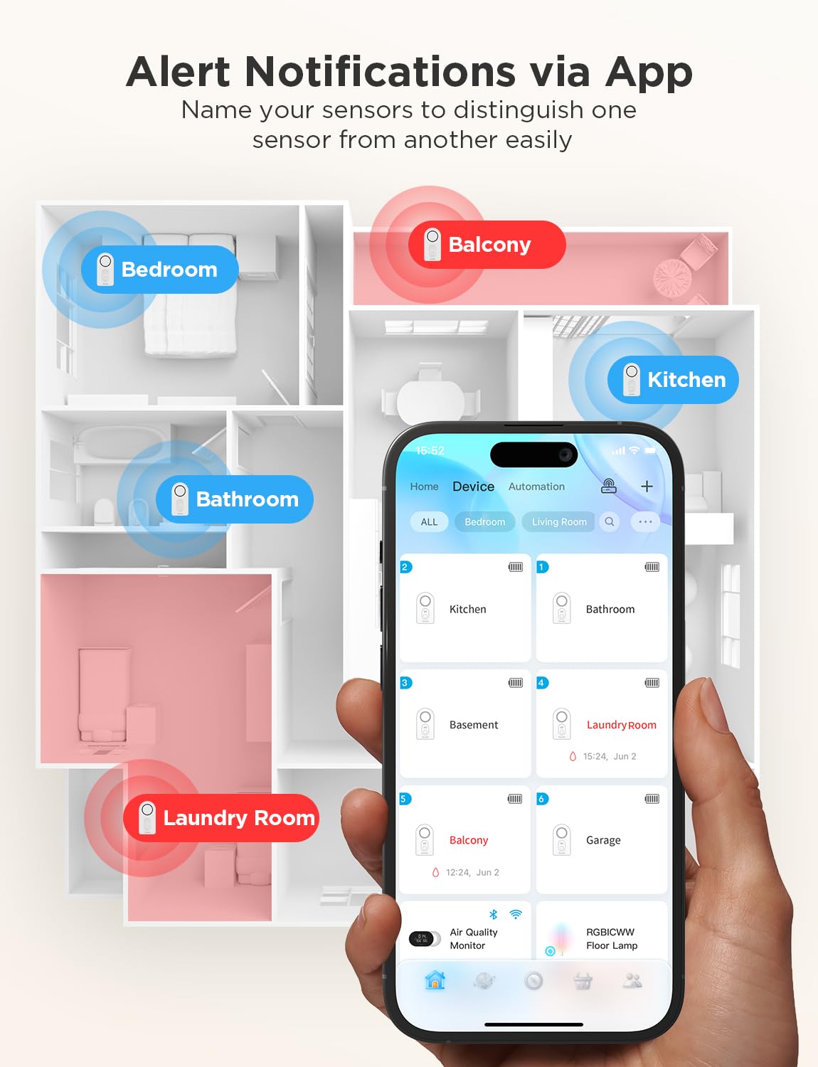 Govee WiFi Water Sensor 2 Pack, Smart Water Leak Detector, 100dB Adjustable Alarm Suit for Home and Basement, Water Leak Alert with Email & APP Push (Only Support 2.4G Wi-Fi)