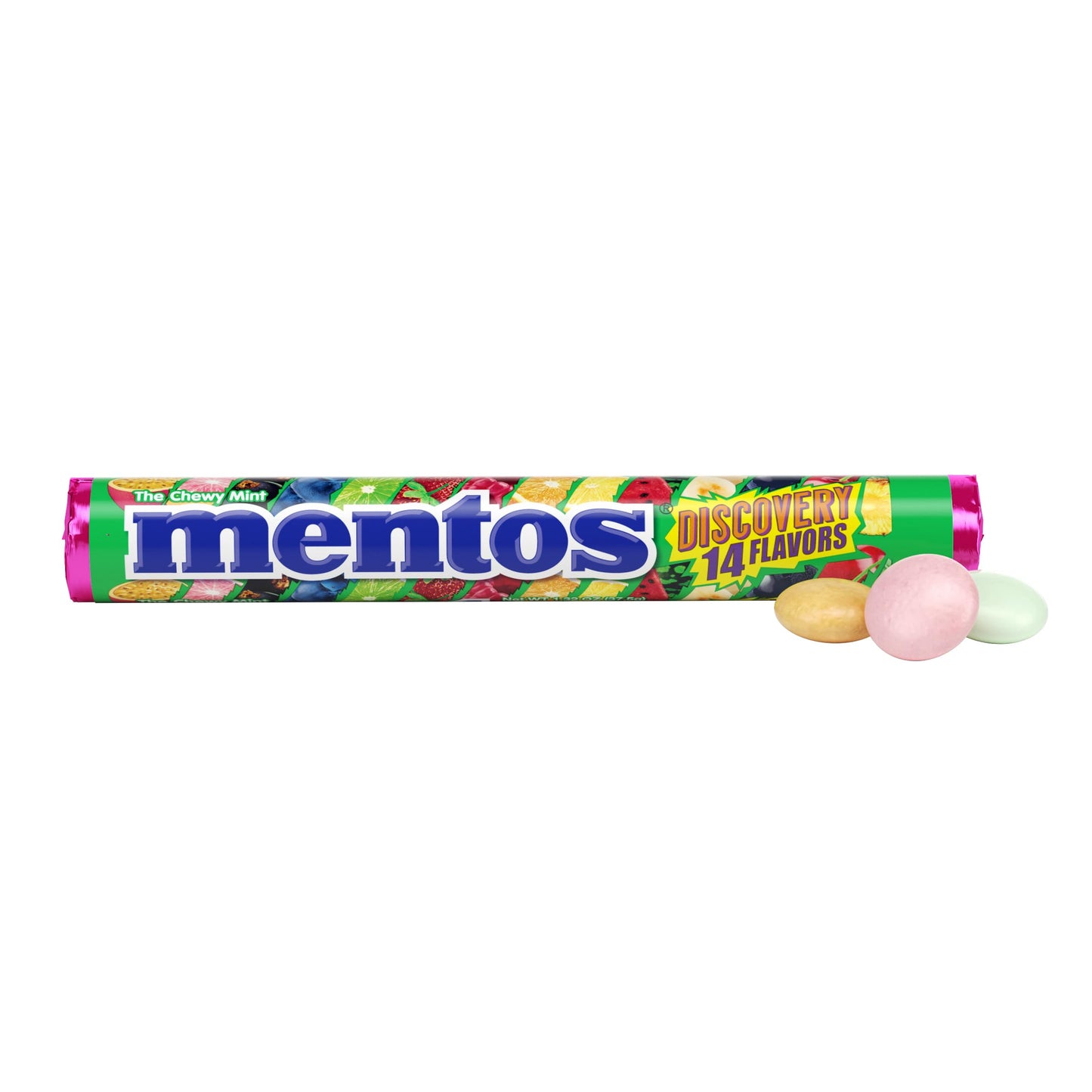 Mentos Chewy Mint Candy Roll, Discovery 14 Assorted Fruit Flavors, 14 Pieces Per Roll, 15 Count Showbox