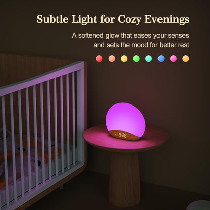 REACHER Wood Grain Sunrise Alarm Clock and Sound Machine Nightlight, Digital Dimmable Clock for Bedroom, 26 Sleep Sounds, White Noise Machine for Baby, Adults, Wake Up Light Alarm Clock for Kids