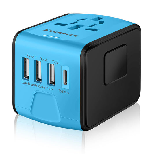 SAUNORCH Travel Adapter Worldwide, Universal International Power Plug Adapter W/2.4A 3xUSB-A and 3.0A Type-C Wall Charger, European Travel Plug Adapter for Europe UK EU US CA AU Italy Asia-Blue