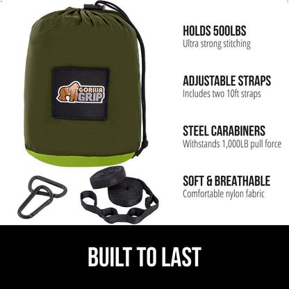 GORILLA GRIP Durable Camping Hammock with Heavy Duty Tree Straps, Portable Hammocks for Outside, Easy to Use Travel Swing Chair, Outdoor Camper Hiker Essentials, Backpacking Gear Gifts, Double, Green
