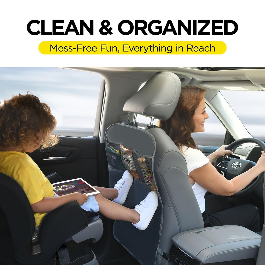 lebogner Back Seat Cover for Kids + 3 Pocket Storage Organizer, 2 Pack X-Large Multifunctional Kick Mats Backseat Protector, Car Seat Back Protectors for Vehicles to Protect from Dirt & Scuffs, Grey